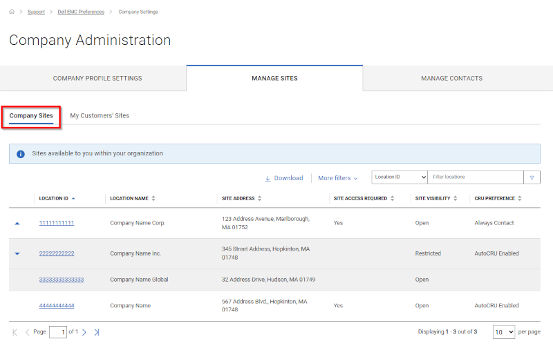 Manage Sites Company Sites