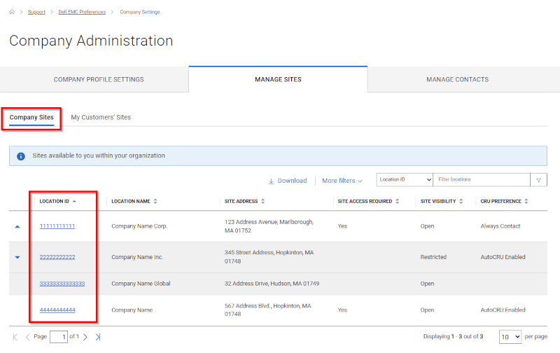 Manage Sites Company Sites _ Location IDs