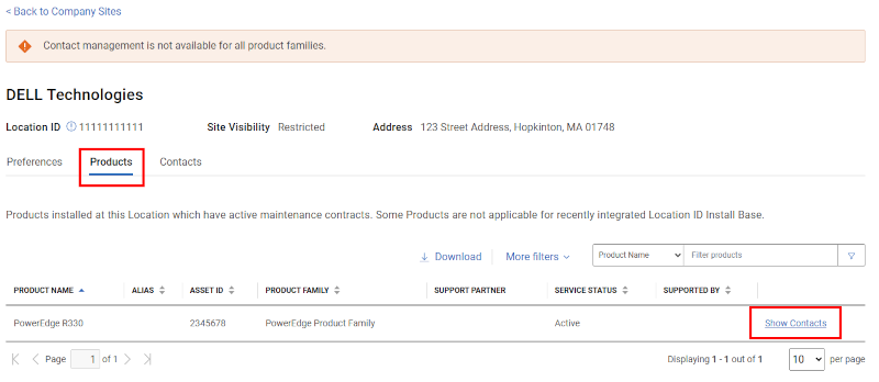 “产品”子选项卡和“显示联系人”