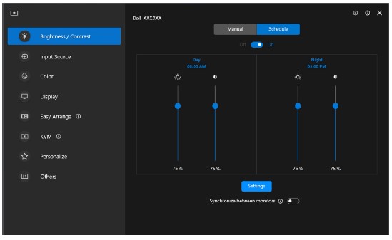 Dell Display and Peripheral Manager Schedule Mode for Brightness or Contrast