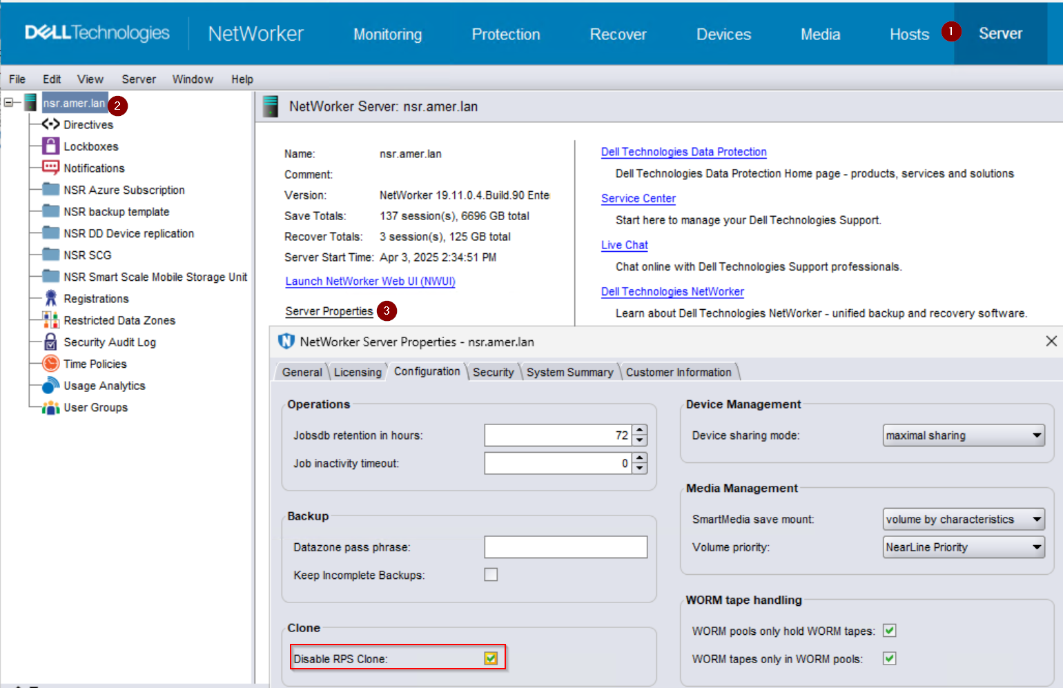 La opción RPS deshabilitado está configurada en NetWorker Server