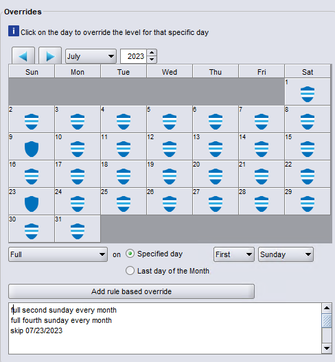 Example of the previous override rule "skip 07/23/2023" which conflicts with the newly requested override rule