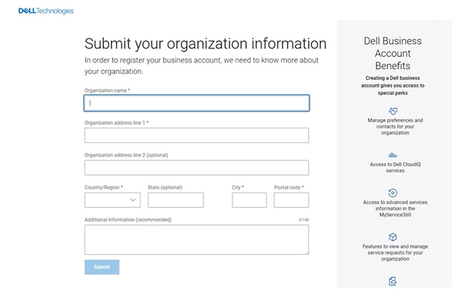 Écran 2 d’identification de compte d’entreprise