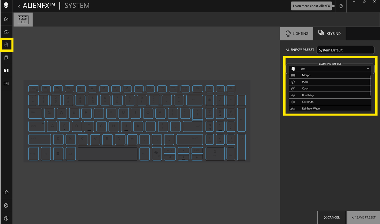 Icono del mouse que lleva a la página de AlienFX con opciones de efecto de relámpago