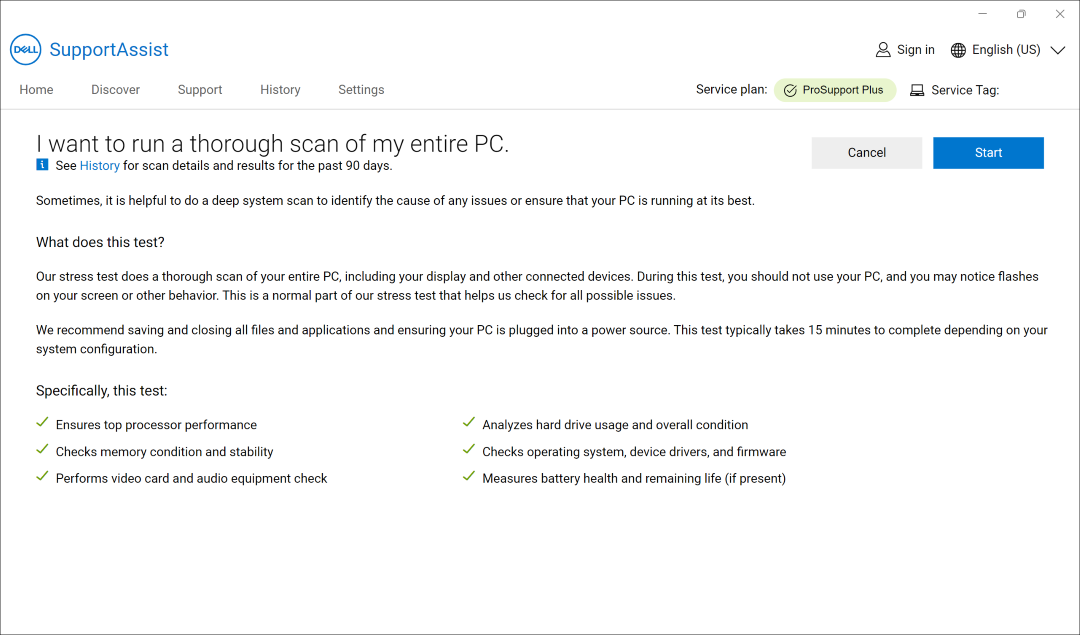 Botón Inicio para un análisis exhaustivo de toda la PC en SupportAssist versión 4.0.3
