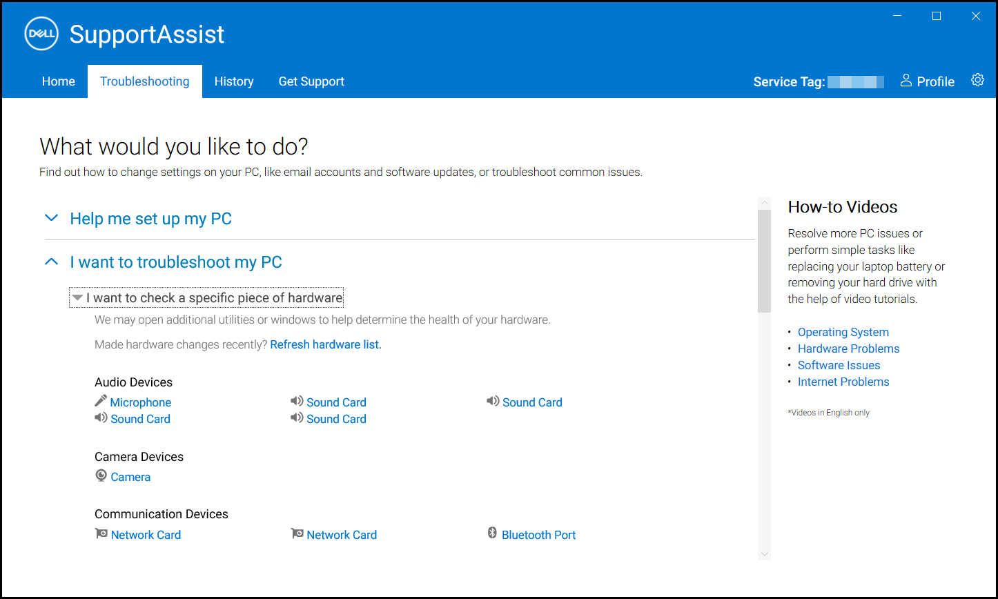 Screenshot dei componenti hardware rilevati in SupportAssist
