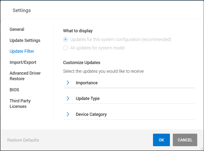 Éléments à afficher dans l’application Dell&nbsp;Command&nbsp;Update