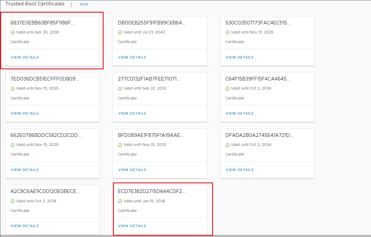 Certificados Trusted Root enumerados en Certificate Management