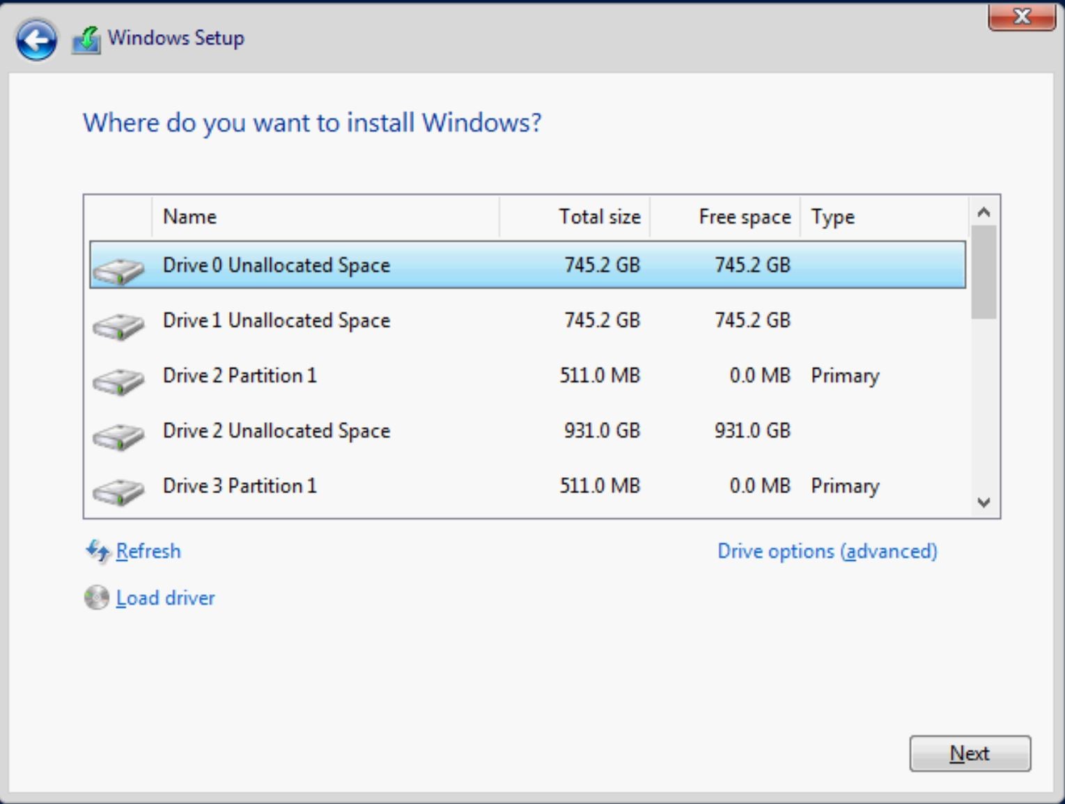 Sélection de disque Windows
