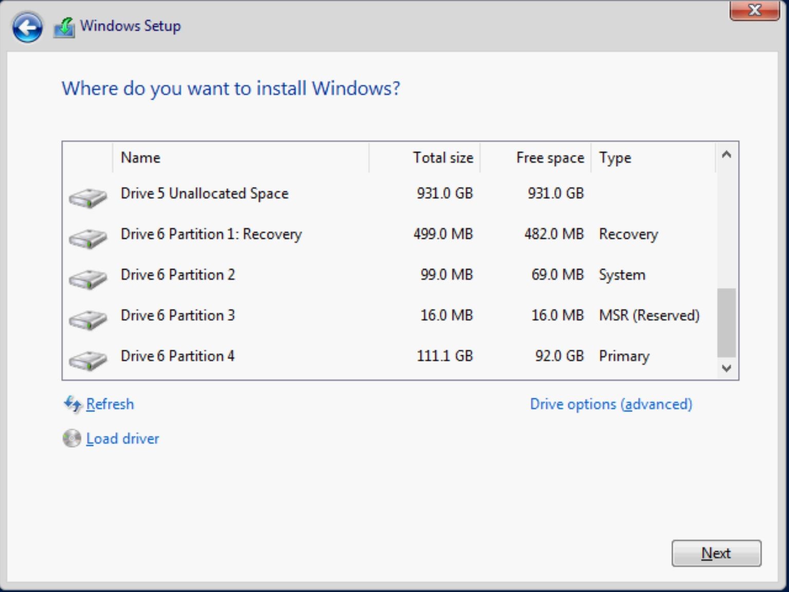 Sélection de disque Windows