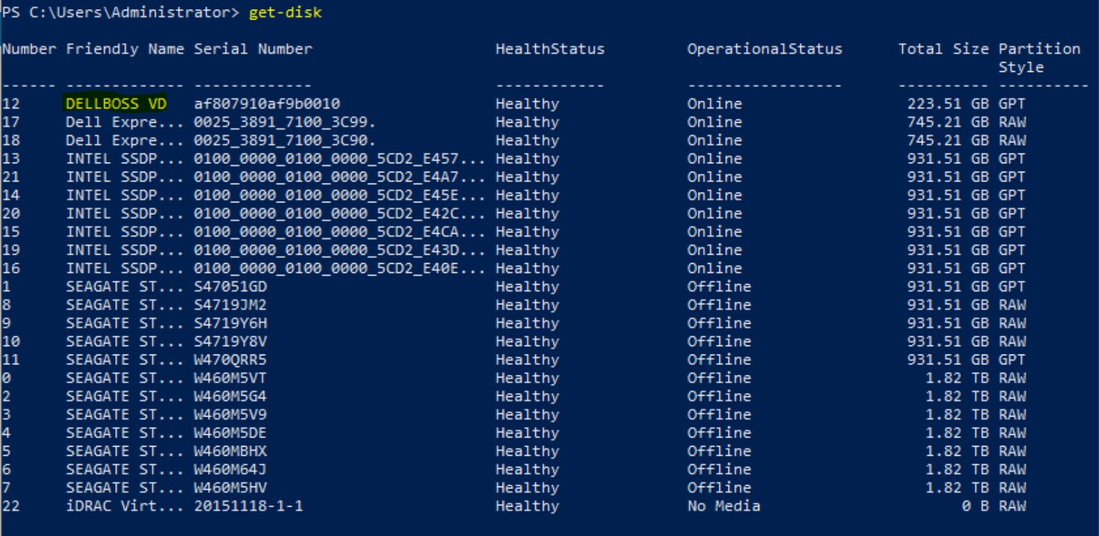 Sortie Powershell Get-Disk