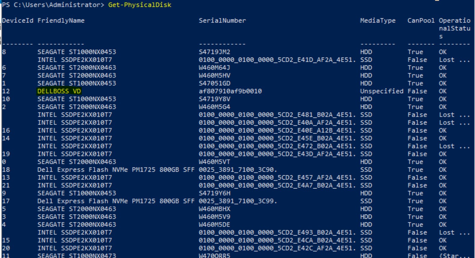 Sortie Powershell Get-PhysicalDisk