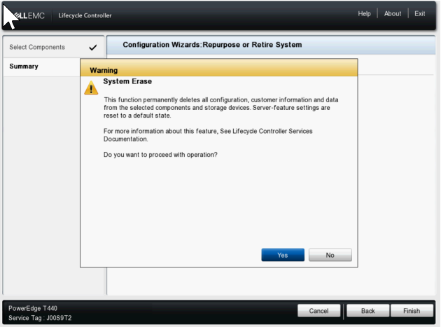 System Erase Warning che richiede di selezionare Yes