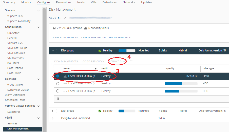 Eliminar un disco de un grupo de discos vSAN mediante vSphere