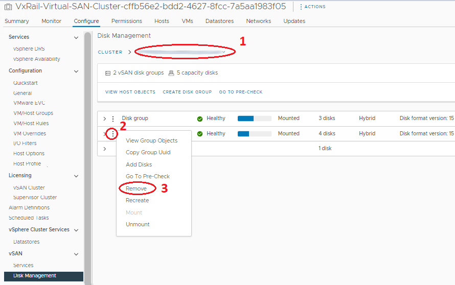 Quitar un grupo de discos vSAN de un host ESXi mediante vSphere