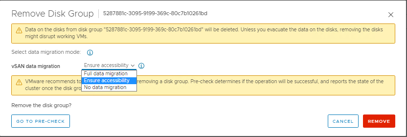 使用 vSphere 從 Esxi 主機移除 vSAN 磁碟群組時的資料撤除選項
