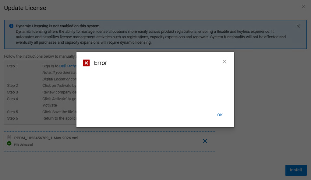 Der vises en fejl, når du forsøger at anvende PPDM-softwarelicens