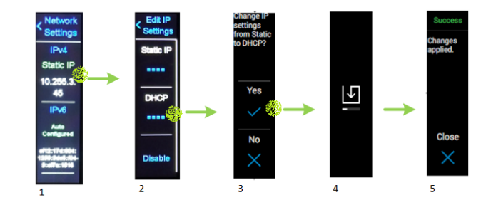 Visual steps to configure DHCP Network Settings on the LCD