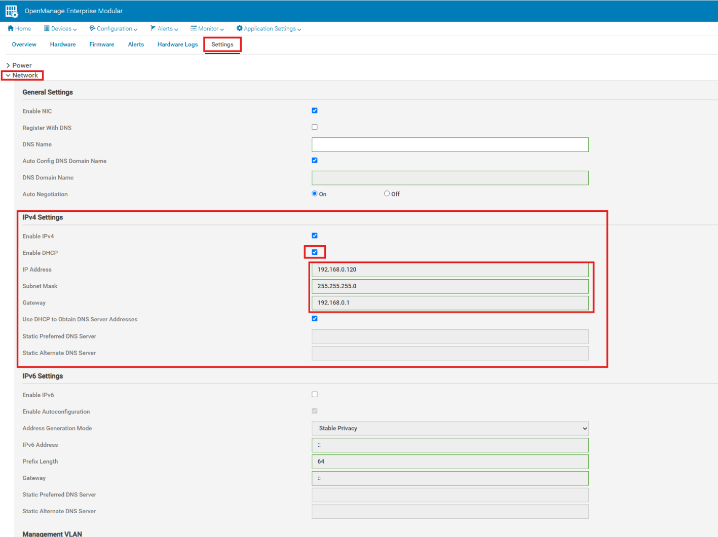 OME-M Network Settings Page