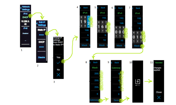 Pasos visuales para configurar los ajustes de red IPv4 estática en la pantalla LCD