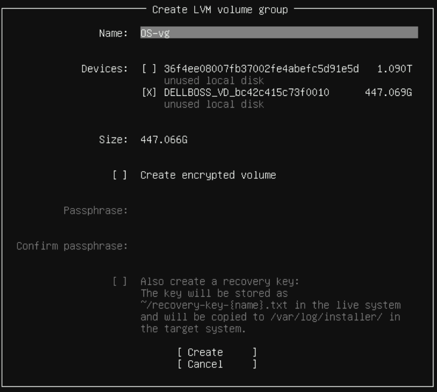Provide LVM details and select Create