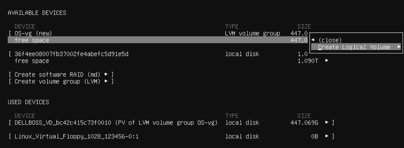 Select free space and chose Create Logical Volume