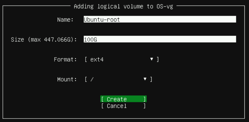 Configure logical volume and select Create