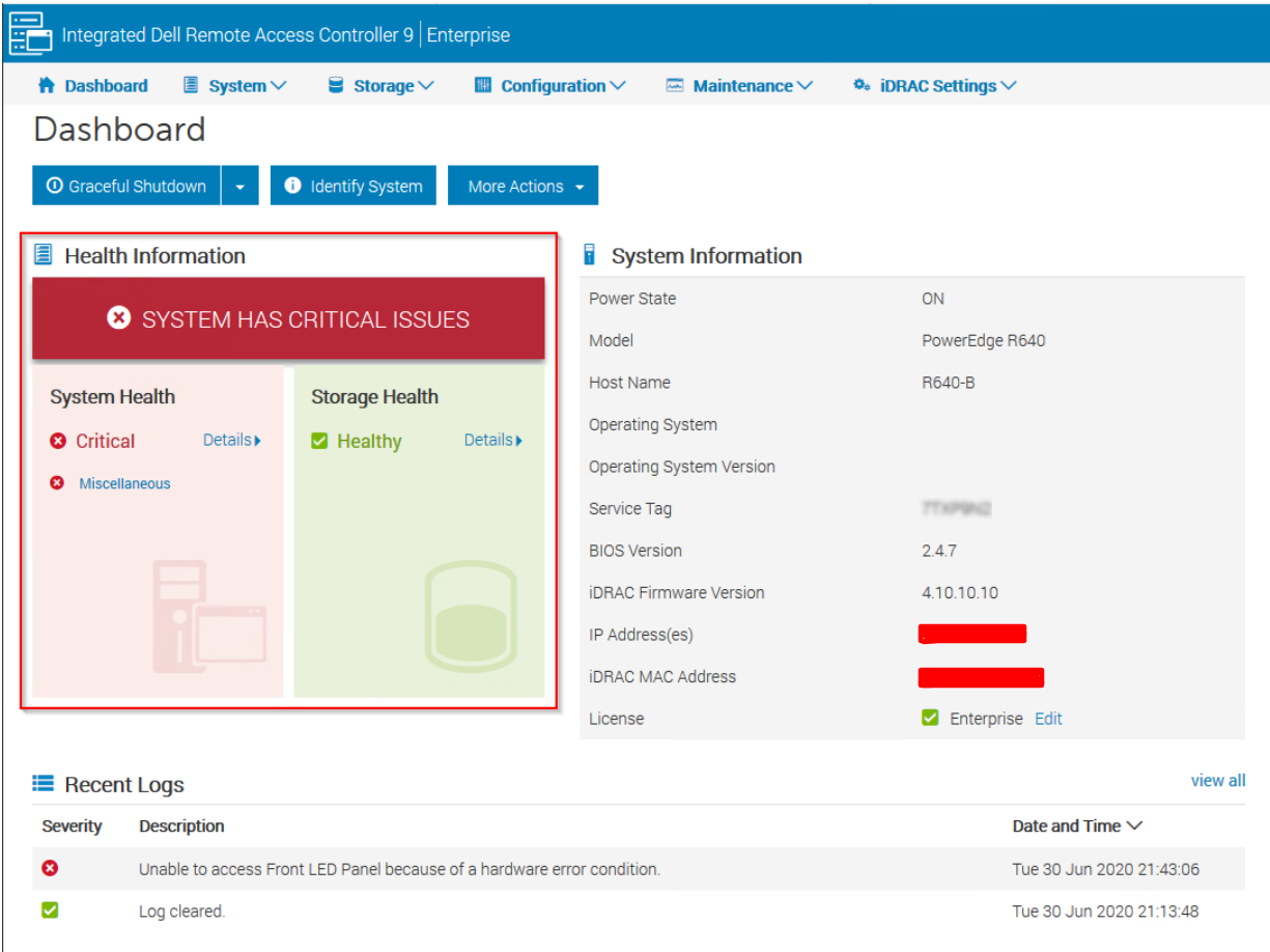 iDRAC9 Dashboard showing Critical status for System Health due to SWC5008 Front LED Panel error