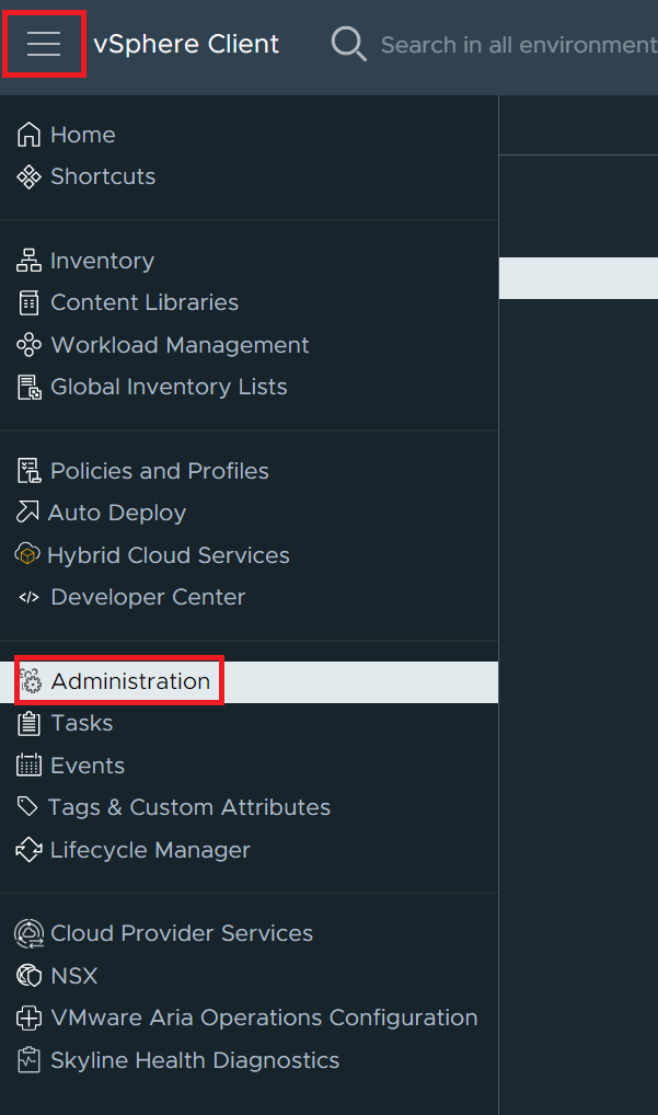 vCenter menu with Administration option