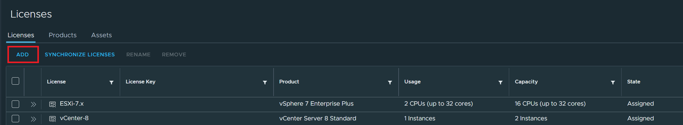 vCenter Licenses page with ADD button