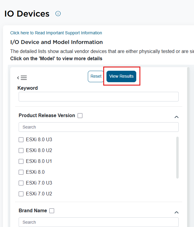 Broadcom HCL page with View Results button