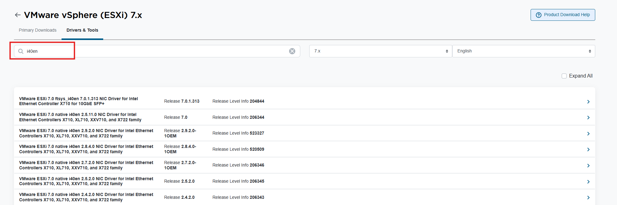 Broadcom driver download page with search field filtered for driver name