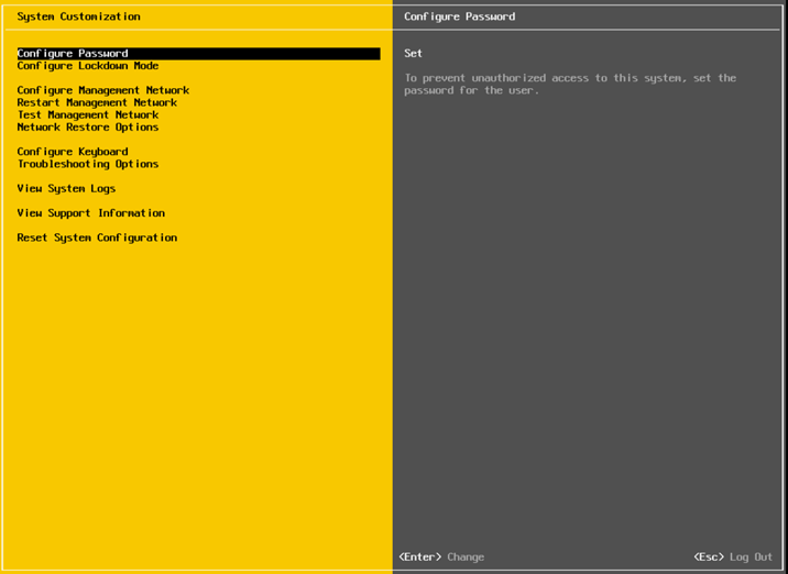 VMware ESXi DCUI System Configuration page