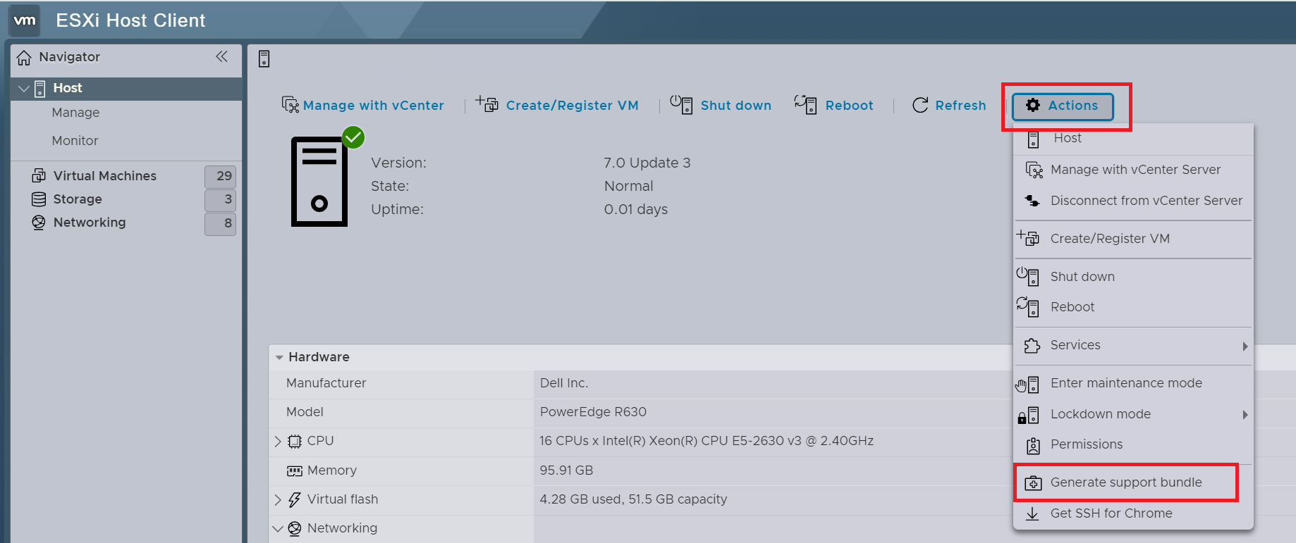 VMware ESXi host web client showing Generate support bundle option in actions menu