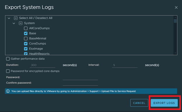 vCenter Export System Logs dialog showing collection options