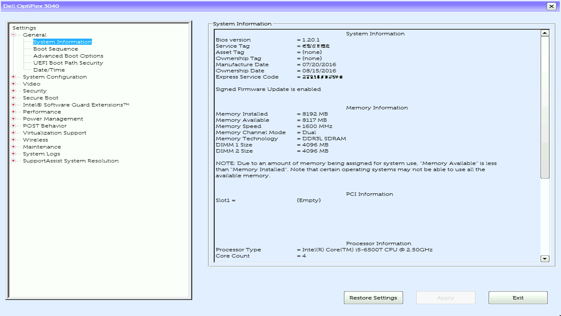 Screenshot del BIOS UEFI di OptiPlex che mostra il pulsante Restore Settings nella parte inferiore