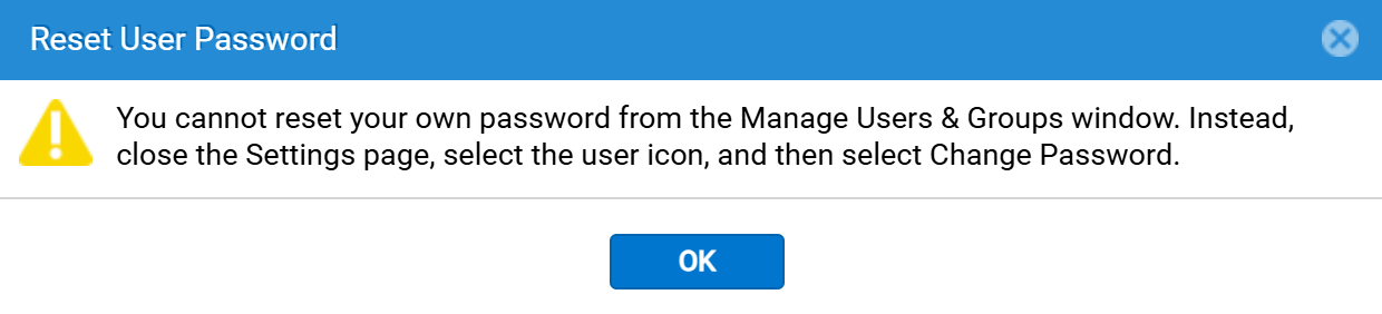 Advarsel om, at du ikke kan ændre administratoradgangskoden, når du er logget ind på Unisphere som administrator - via Brugere og grupper.