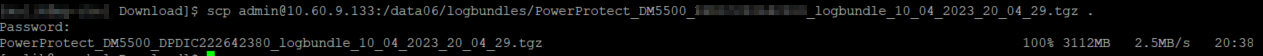 command line showing output of scp admin@<PPOE IP>:/data06/logbundles/<log bundle file name>