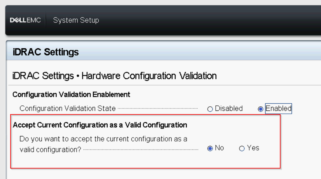 BIOS F2 setup screen showing iDRAC Settings with the Hardware Configuration Validation option