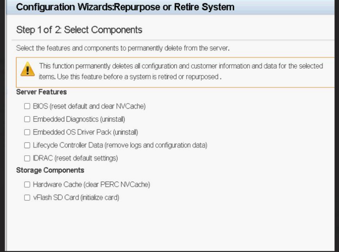 F10 Lifecycle Controller — Repurpose or Retire System screen showing erase options.