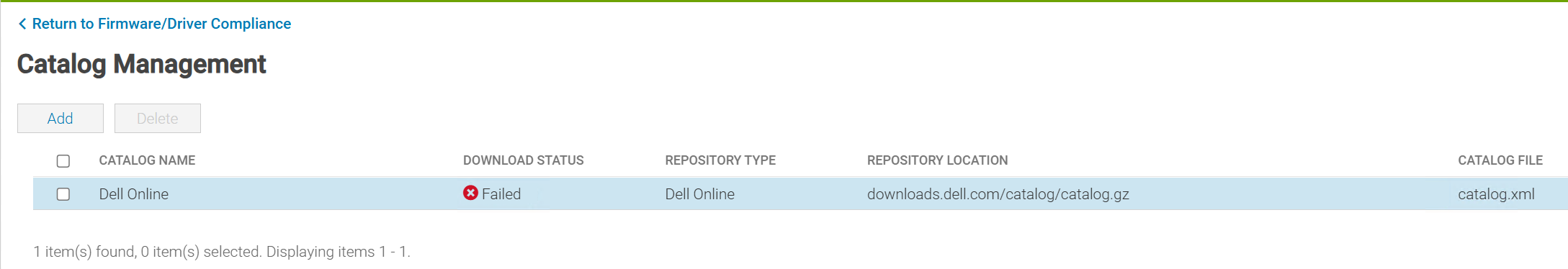 Firmware compliance Catalog Management window showing Dell Online catalog download failure