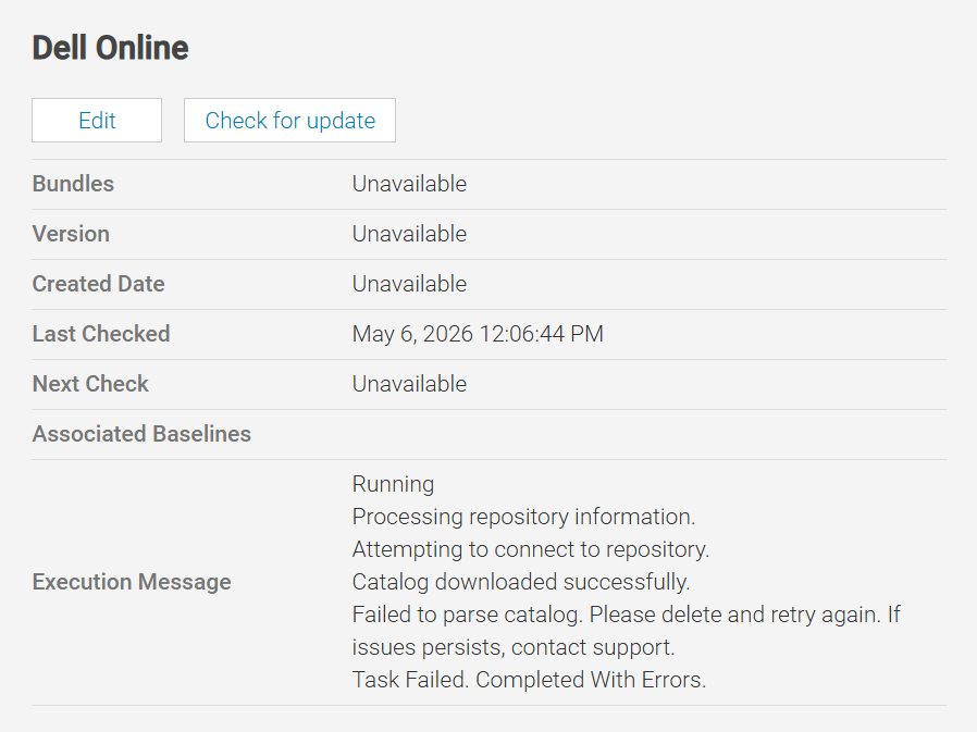 Firmware compliance catalog management execution status showing catalog parsing error