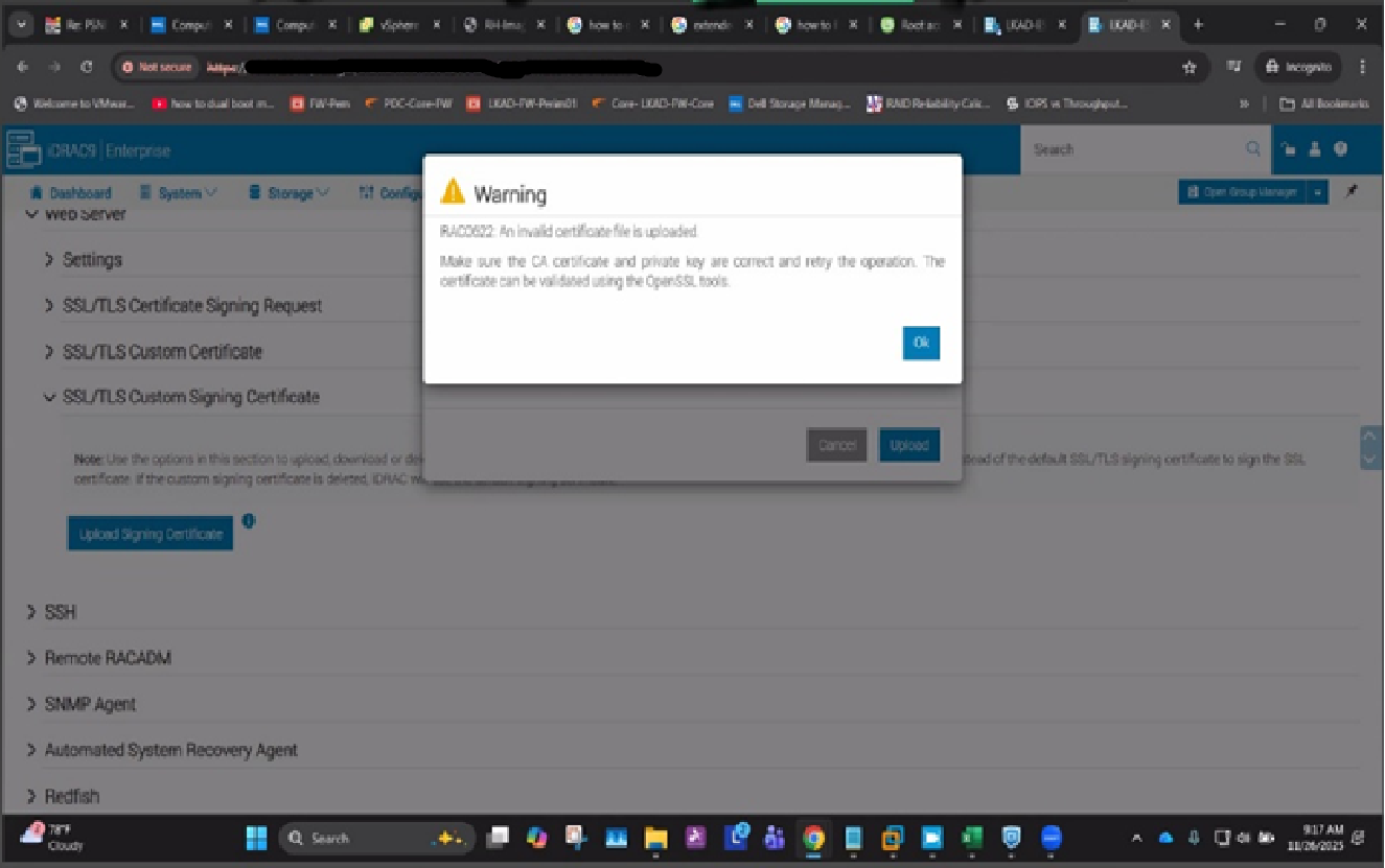 iDRAC9 web server certificate upload confirmation dialog