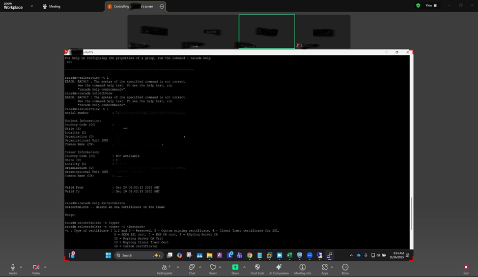 RACADM sslcertview command output showing certificate details