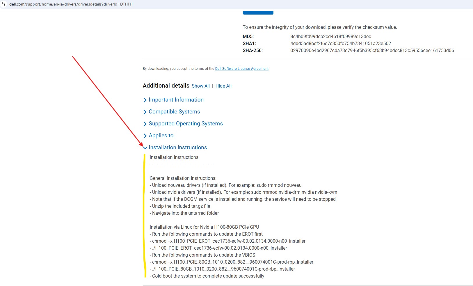 Ejemplo de H100 que muestra las instrucciones de instalación en la parte inferior de la página