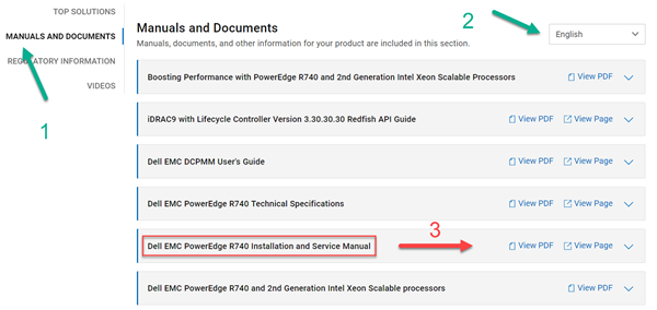 Manuale e documenti sulla pagina di supporto che mostrano l'accesso al manuale di installazione e servizio
