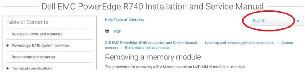 Esempio che mostra la selezione della lingua nel manuale di installazione e supporto