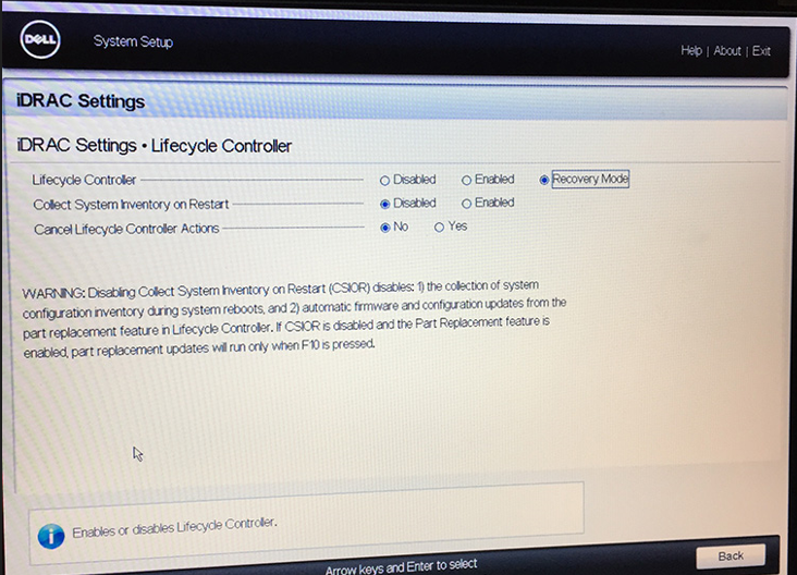 iDRAC setting LCC recovery mode
