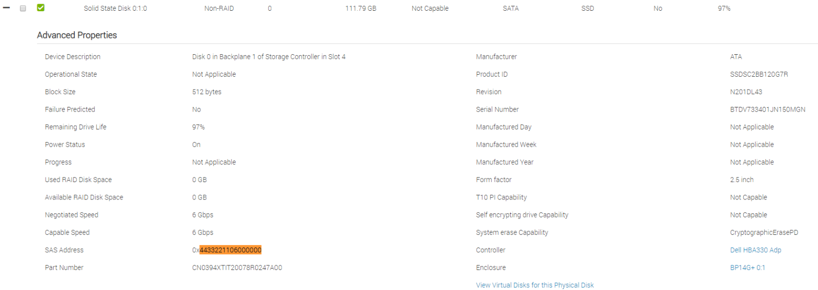 iDRAC physical disk properties showing SAS Address match