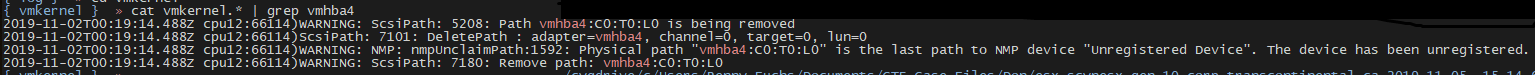 vmkernel log output showing vmhba association